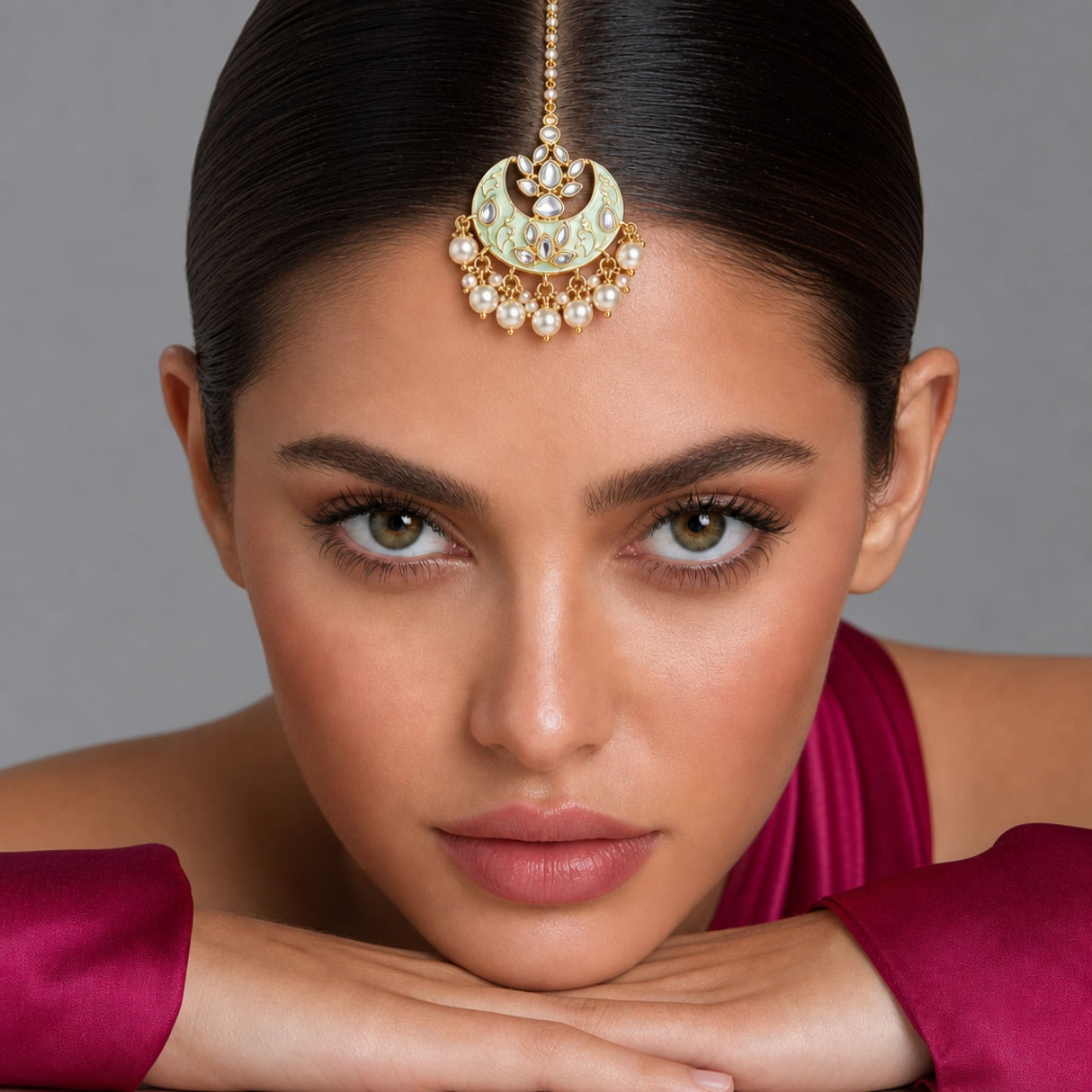 Kundan chand tikka gold plating delicate floral maang tikka with pale green enamel and pearls for Indian wedding gift