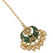 Kundan chand tikka green and gold crescent maang tikka with clear stones and dangling pearls for Indian weddings
