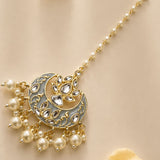 Kundan chand tikka gold plated crescent maang tikka with enamel work crystals and cream pearls for Indian wedding