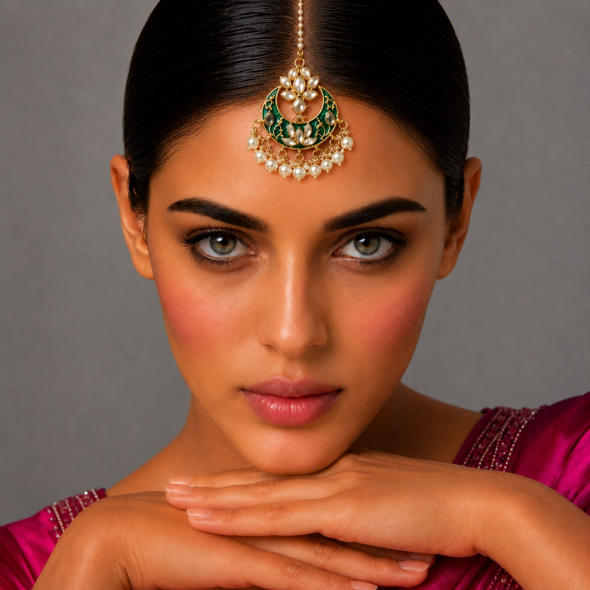 Kundan chand tikka gold plating maang tikka with green jewels and pearls indian traditional wedding jewelry