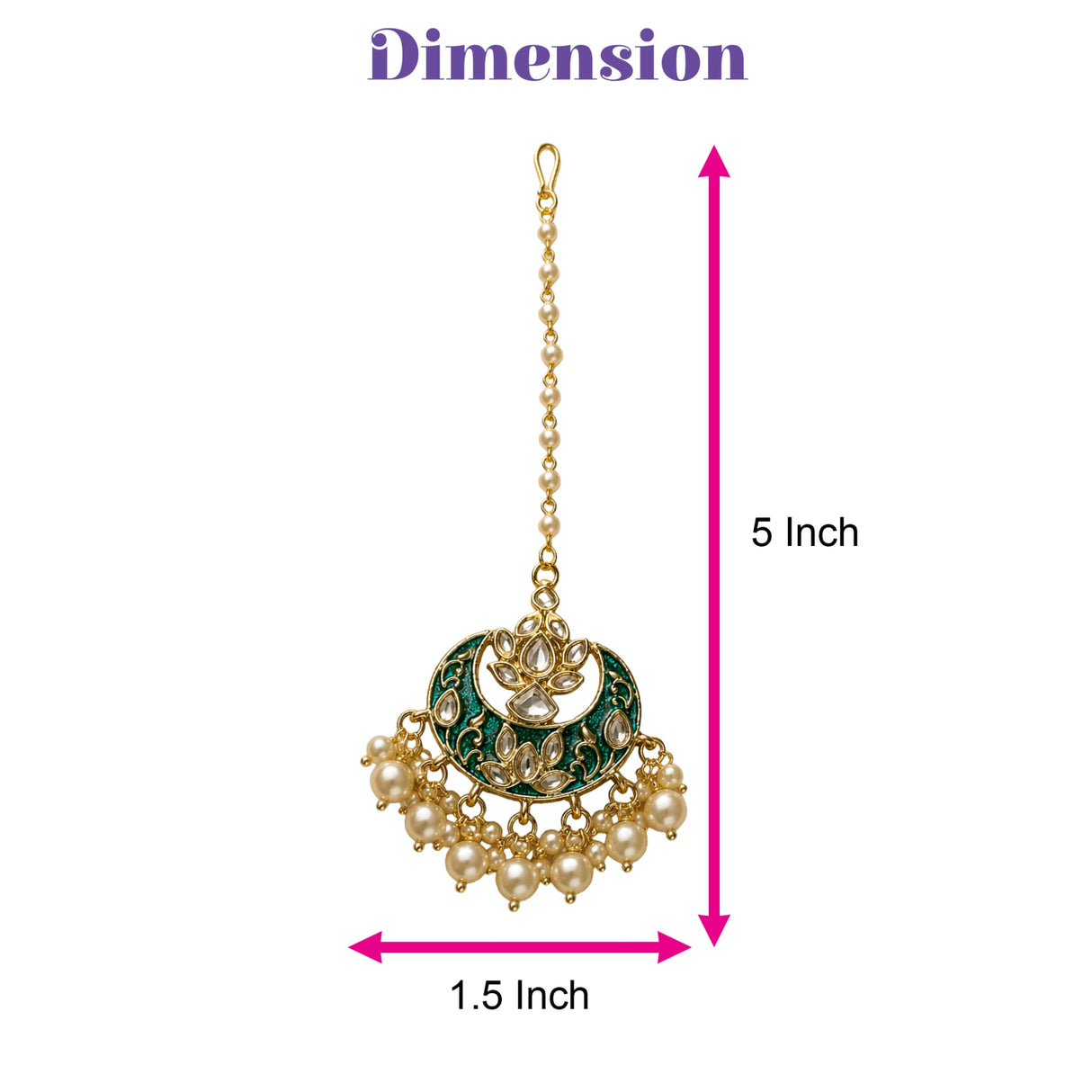 Kundan Chand tikka green and gold maang tikka with pearl accents gold plating Indian traditional wedding jewelry