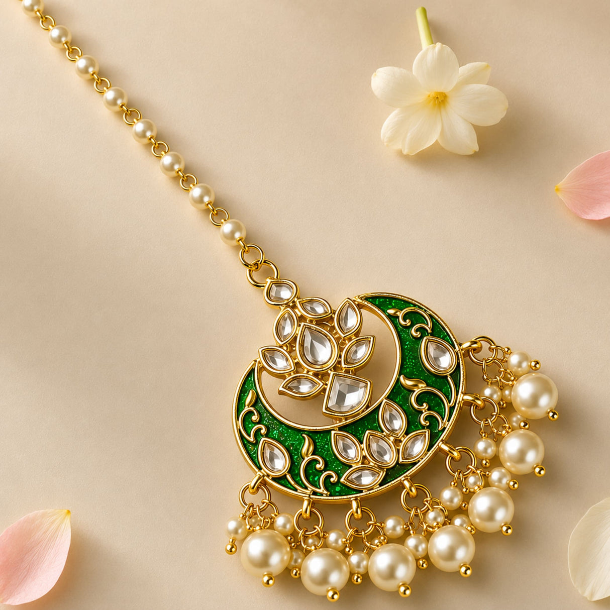 Kundan chand tikka gold plated crescent shape with green enamel clear stones and pearl beads Indian wedding jewelry