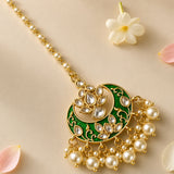 Kundan chand tikka gold plated crescent shape with green enamel clear stones and pearl beads Indian wedding jewelry