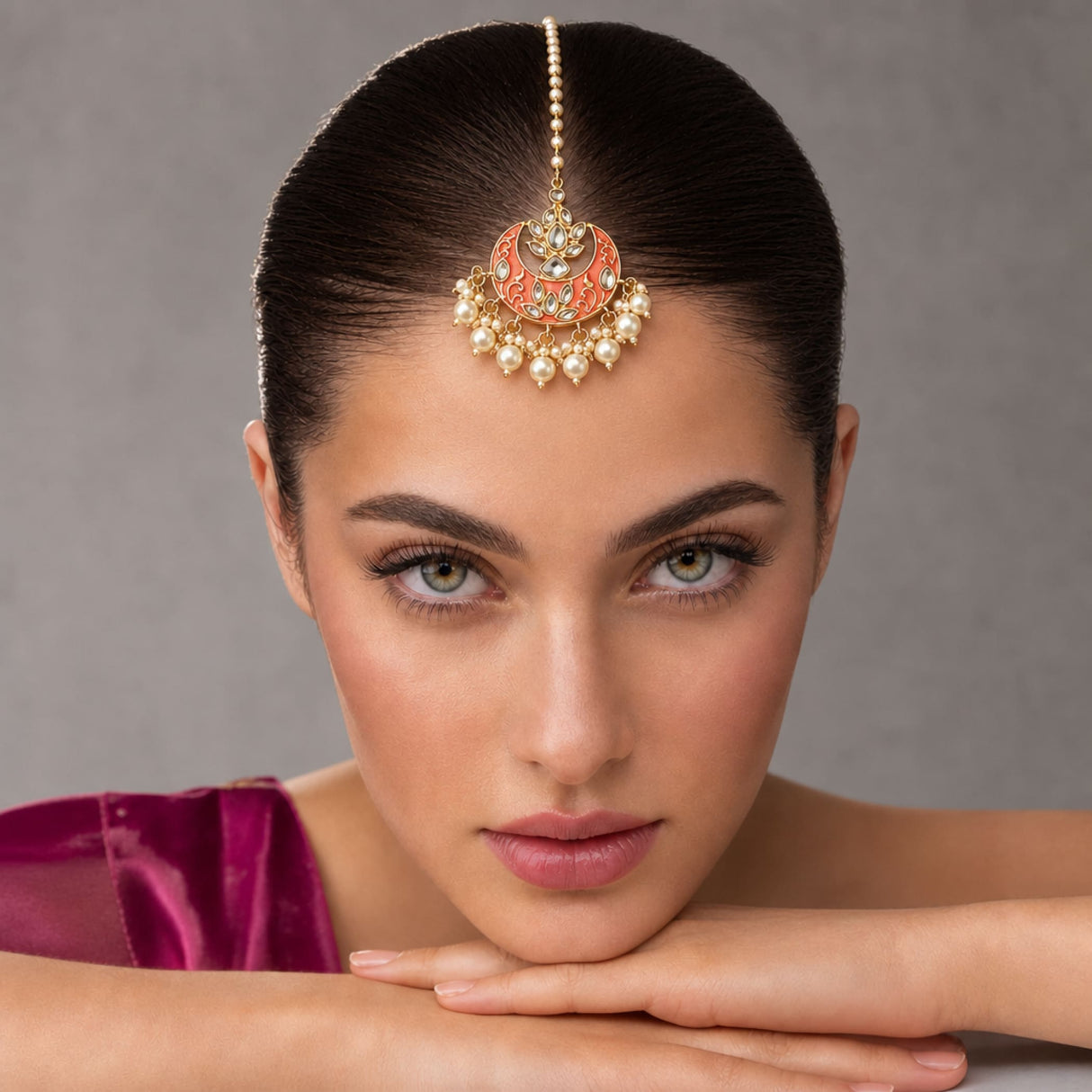 Kundan chand tikka gold plated maang tikka with intricate filigree coral pink enamel crescent moon and pearl accents