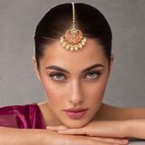 Kundan chand tikka gold plated maang tikka with intricate filigree coral pink enamel crescent moon and pearl accents