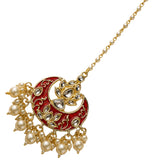 Red and gold kundan chand tikka maang tikka with clear stones and pearls gold plating for indian wedding accessory