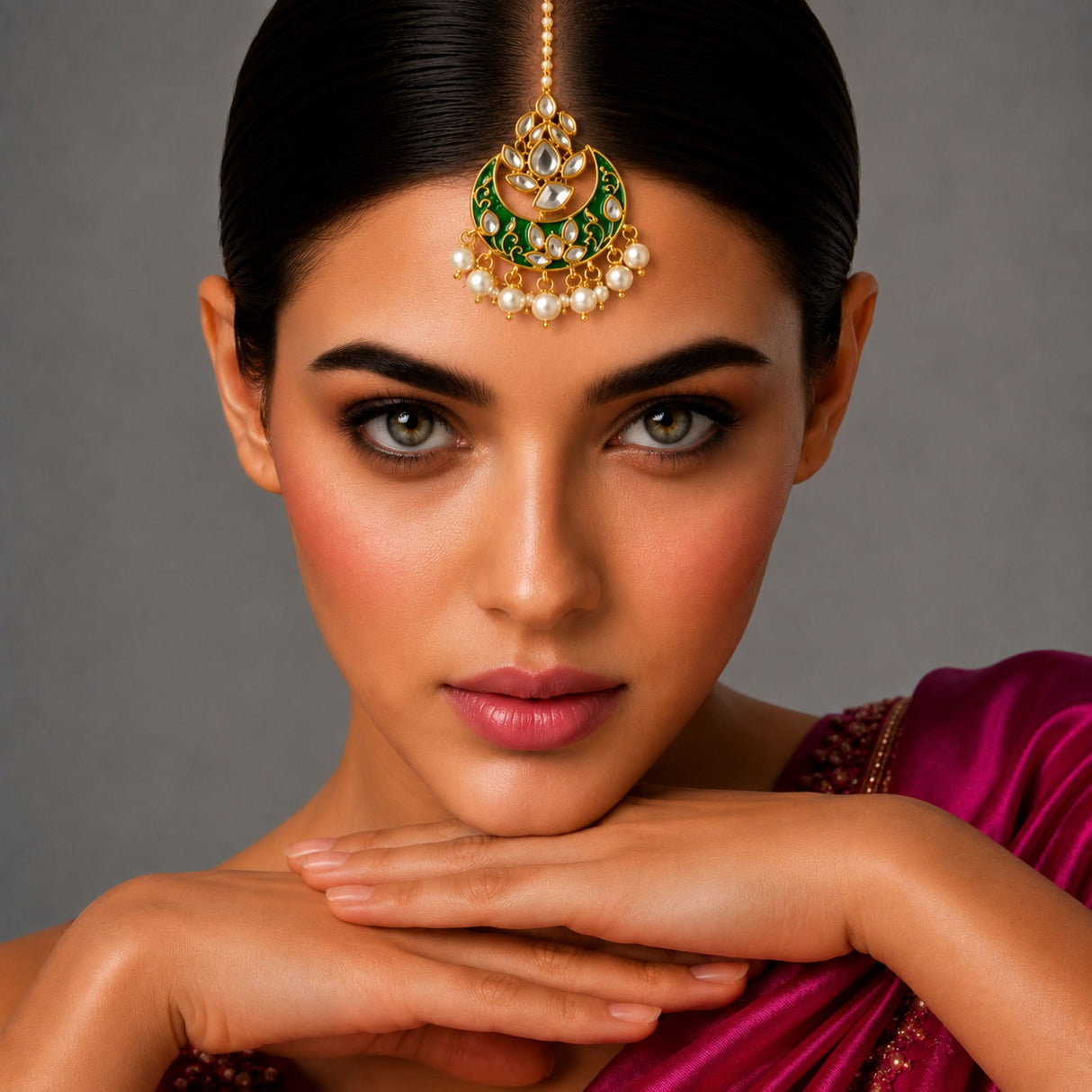 Kundan chand tikka gold plating maang tikka in gold and green with pearls and intricate filigree for indian weddings