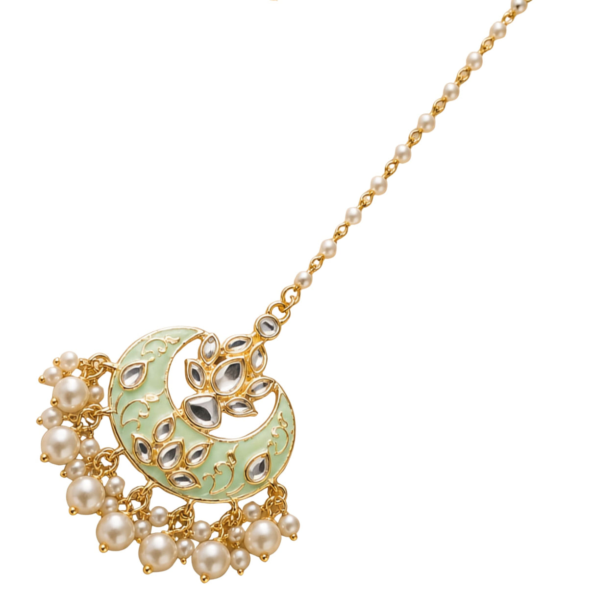 Kundan chand tikka gold plated crescent shaped with mint green enamel faceted stones pearls for Indian wedding jewelry