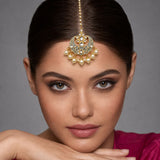 Kundan Chand tikka gold-plated maang tikka with intricate filigree, white pearls, and clear stones for Indian weddings