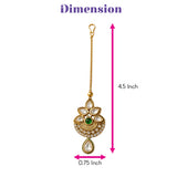 Kundan work maang tikka gold plated with central green gemstone and clear stones for traditional Indian wedding jewelry