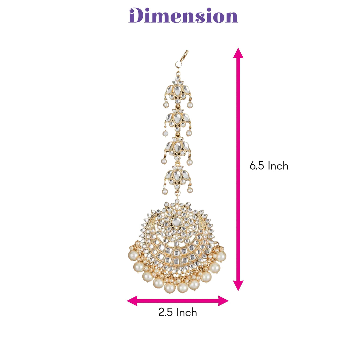 Gold-toned chandbali maang tikka with intricate filigree design set with clear crystals and white pearls for bridal wear