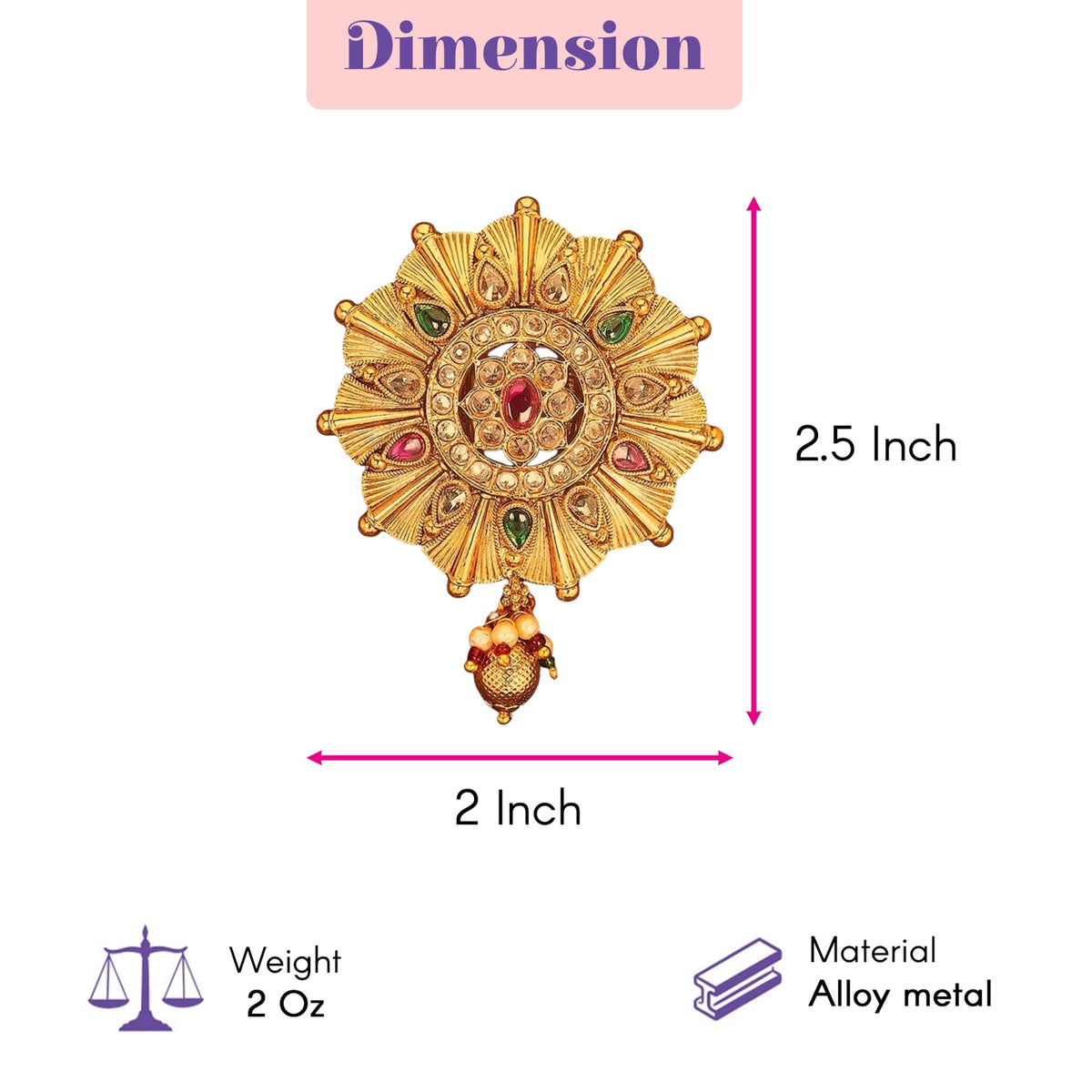 Gold-colored alloy metal sari brooch with intricate sunburst design green and red gemstones and dangling bead charm for wedding accessory