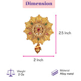 Gold-colored alloy metal sari brooch with intricate sunburst design green and red gemstones and dangling bead charm for wedding accessory