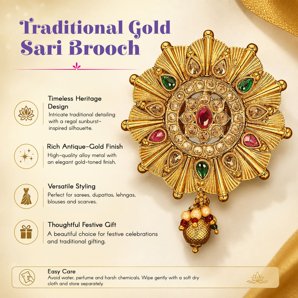 A traditional gold sari brooch with intricate sunburst design and green pink gemstones for bridal wedding accessories