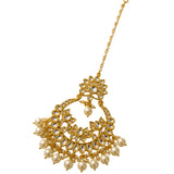 Gold plated kundan jhumka style maang tikka with intricate filigree teardrop stones and dangling pearls for traditional wedding wear
