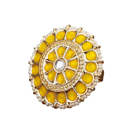 Kundan Pearl Ring with Gold Plating Vintage Round Statement Ring for Women Boho Open Wrap Finger Rings Adjustable Indian Bollywood Jewelry Hand Accessories for Wedding Party Gift - LoveNspire