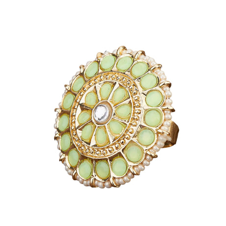 Kundan Pearl Ring with Gold Plating Vintage Round Statement Ring for Women Boho Open Wrap Finger Rings Adjustable Indian Bollywood Jewelry Hand Accessories for Wedding Party Gift - LoveNspire
