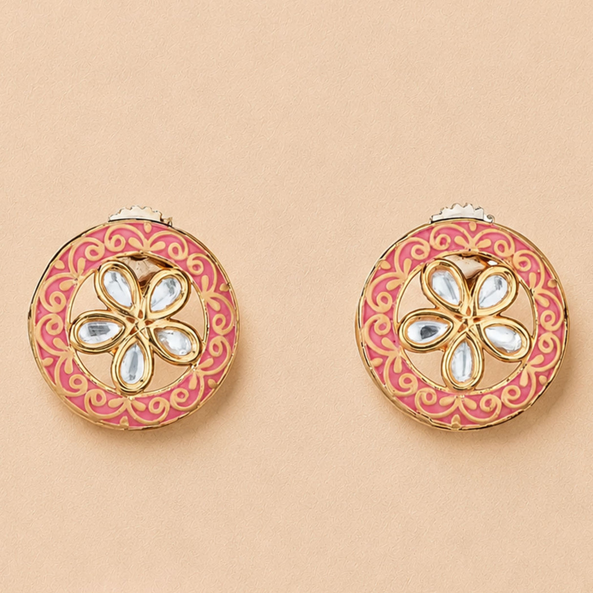 Pink and gold enamel Indian Kundan stud earrings with floral design and clear stones for bridal and gift use