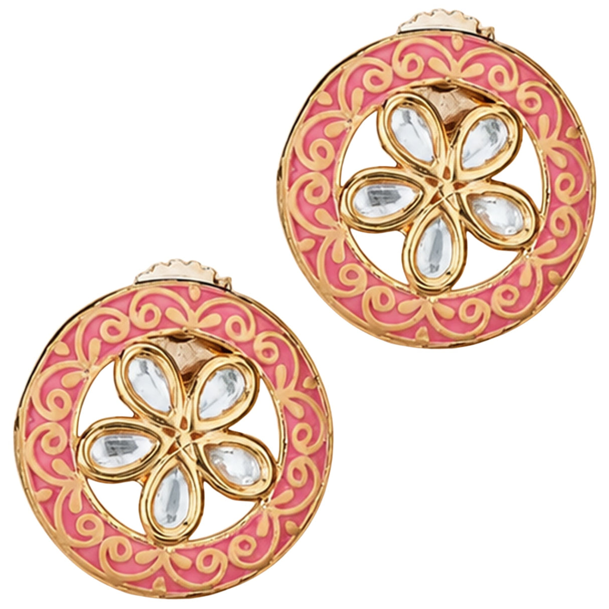 Indian Kundan stud earrings for women pink and gold circular floral design with clear stones and pearl tassel detail