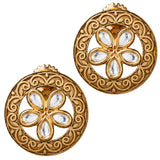 Indian kundan stud earrings for women in golden tone with intricate filigree and teardrop clear stones floral design