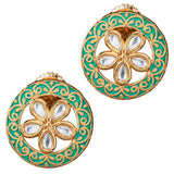 Indian kundan stud earrings with gold tone, vibrant green enamel, intricate filigree, and clear faceted stones floral pattern