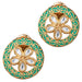 Indian kundan stud earrings with gold tone, vibrant green enamel, intricate filigree, and clear faceted stones floral pattern