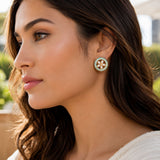 Delicate indian kundan stud earring with central floral motif pale gold accents and light mint-green enamel border