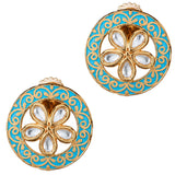 Turquoise and gold enamel floral stud earrings with clear stones in Indian kundan and pearl tassel round design