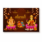 Golden diwali poster featuring deities ganesha and lakshmi on pink lotus with oil lamps and gifts for pooja decor