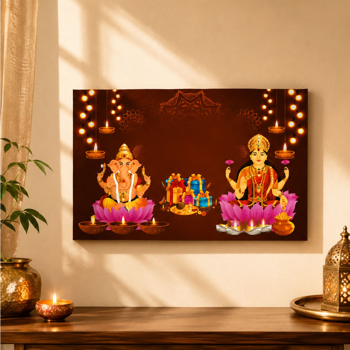 Rectangular canvas print of hindu deities ganesha and lakshmi on pink lotuses with glowing diyas on brown background for pooja decor