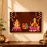 Rectangular canvas print of hindu deities ganesha and lakshmi on pink lotuses with glowing diyas on brown background for pooja decor