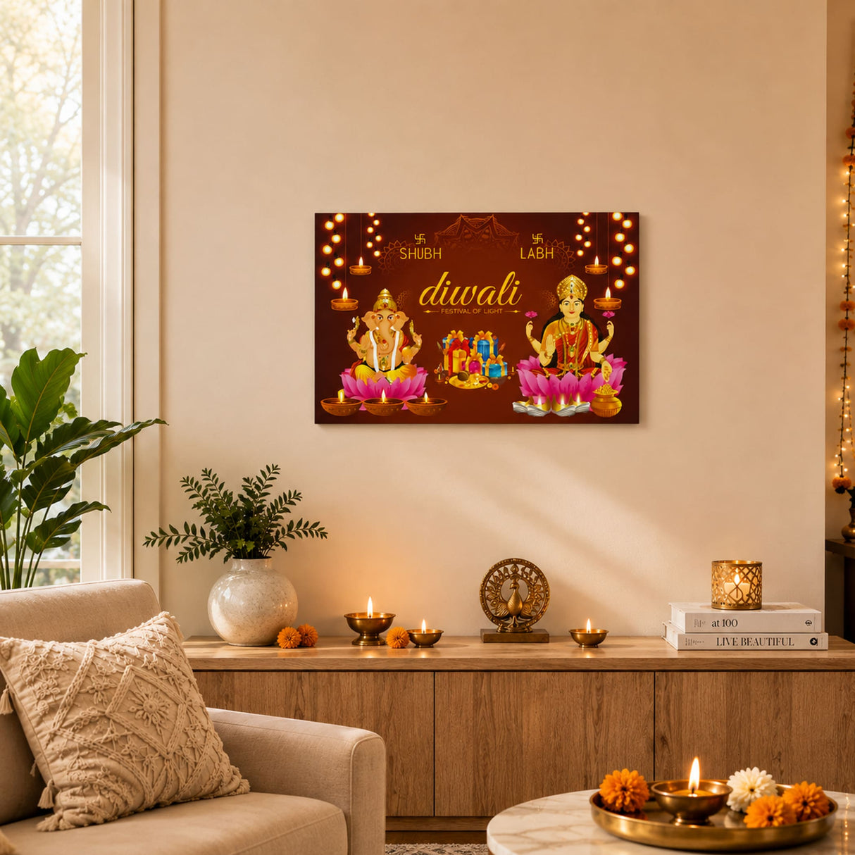 A rectangular diwali-themed canvas print with golden ganesha and lakshmi on pink lotuses surrounded by diyas on brown background