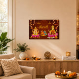 A rectangular diwali-themed canvas print with golden ganesha and lakshmi on pink lotuses surrounded by diyas on brown background