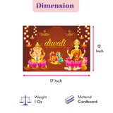 A festive diwali-themed cardboard poster featuring golden ganesha and lakshmi with diyas on a brown background
