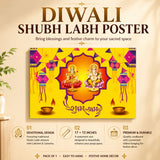 Bright yellow diwali shubh labh poster with golden lakshmi and ganesha on lotus adorned with purple diamond lanterns for pooja decor