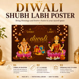 Hindu goddess lakshmi ganesha shubh diwali pooja poster with golden deities pink lotus and glowing diyas on dark brown background