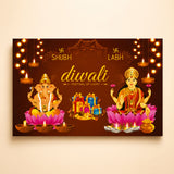 Golden diwali poster featuring hindu deities ganesha and lakshmi on pink lotus with lit oil lamps for home and temple decor
