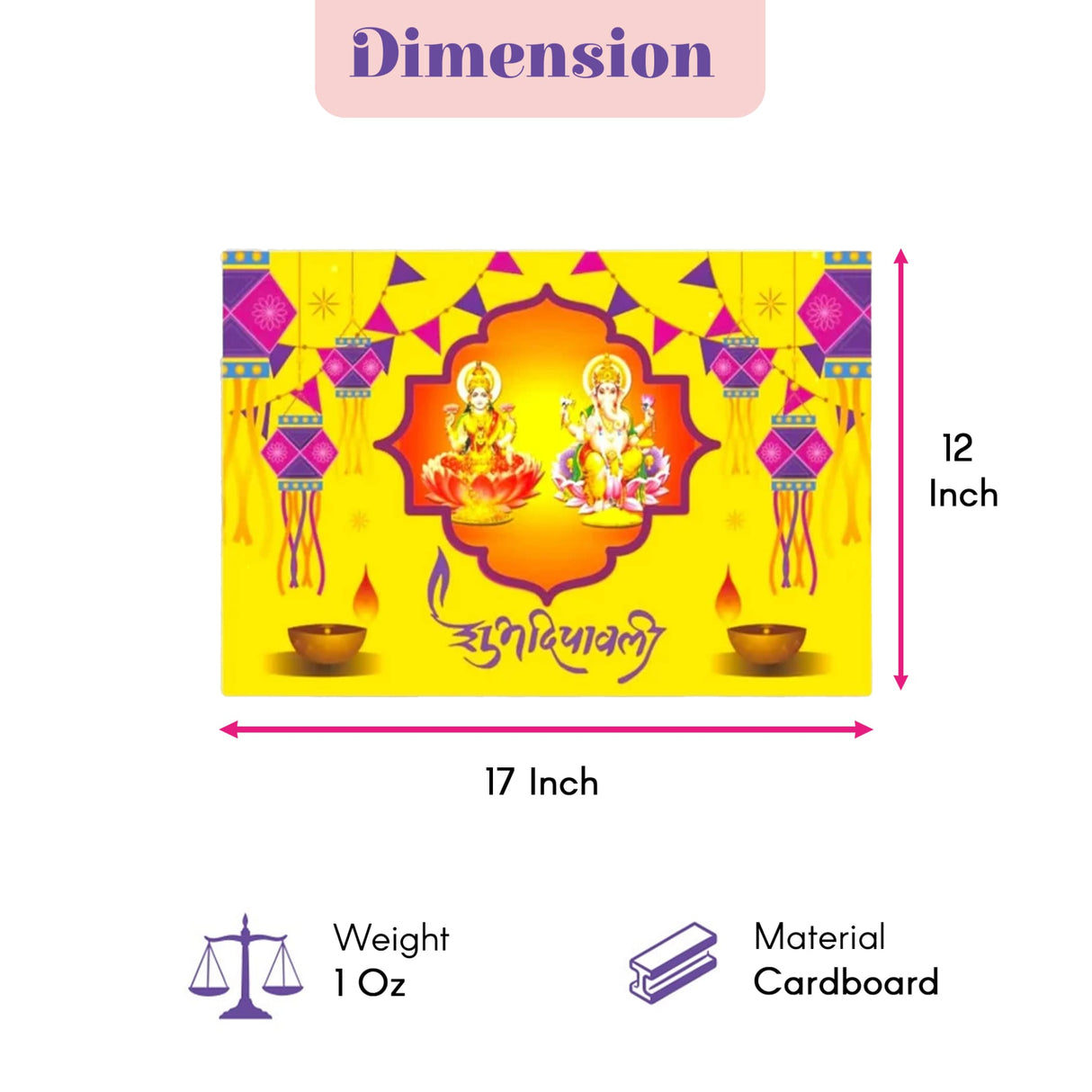 Bright yellow cardboard decorative panel featuring golden lord ganesha and goddess lakshmi with purple lanterns and bunting for diwali pooja decor