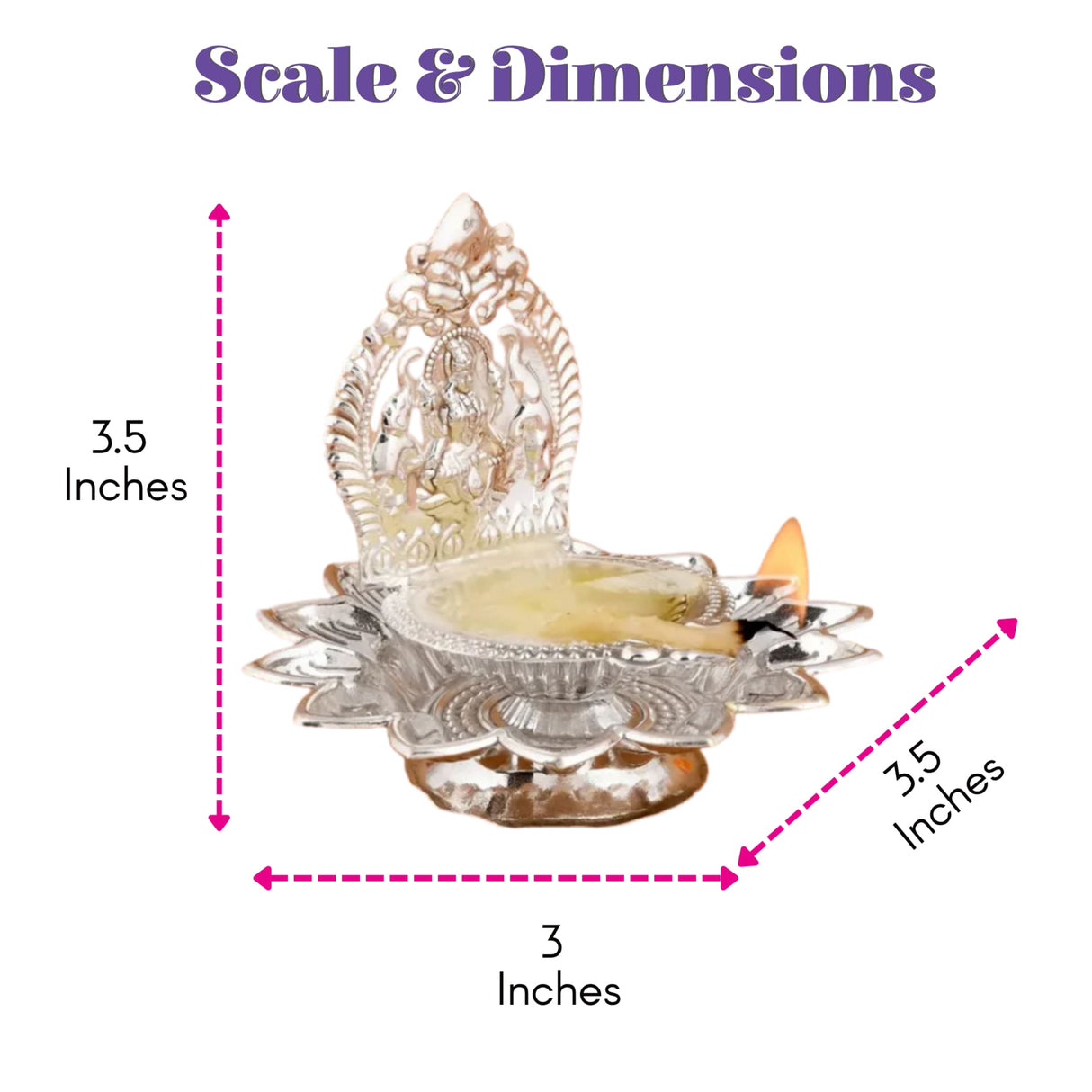 Silver-plated lakshmi diya oil lamp with intricate filigree and seated deity burning flame for diwali puja decor