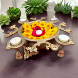 Brass urli bowl with diya bells 4.25 inch flower decorative