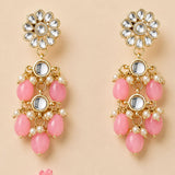 Gold tone floral kundan stone earrings with mirrored stones pink oval beads and faux pearls for diwali and weddings