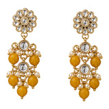 Gold tone indian floral kundan stone earrings with faux pearls and amber beads for wedding and ethnic wear