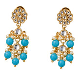 Indian floral kundan stone and faux pearl gold tone earrings with turquoise beads and clear stone floral design for ethnic wear