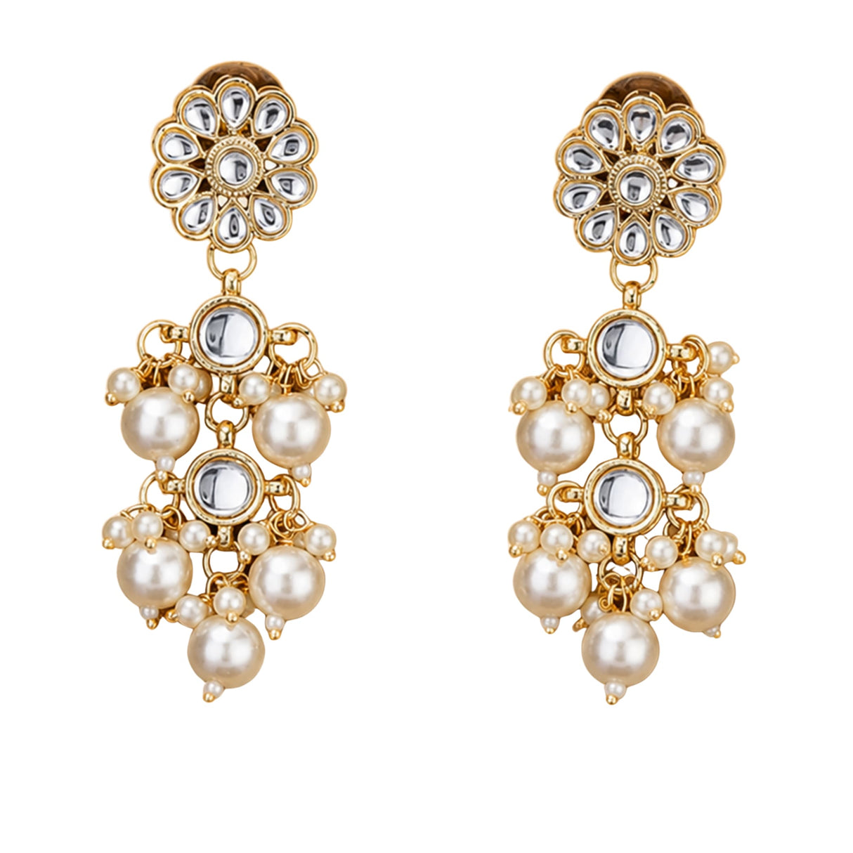 Gold-toned indian floral kundan stone earrings with clear stones and cream faux pearls for diwali and wedding wear