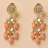 Indian floral kundan stone gold tone earrings with clear stones pink beads pearls and mirrored discs for ethnic wear