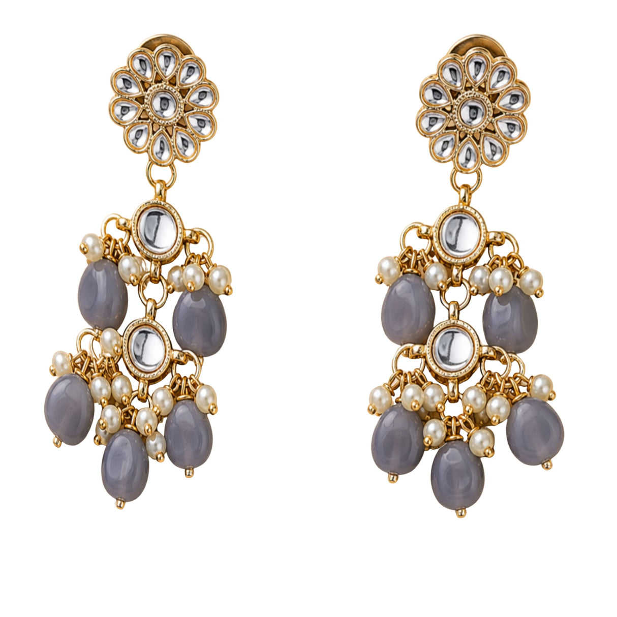 Gold tone Indian floral kundan stone earrings with gray teardrop beads and faux pearl accents for ethnic wear
