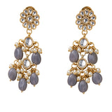 Gold tone Indian floral kundan stone earrings with gray teardrop beads and faux pearl accents for ethnic wear
