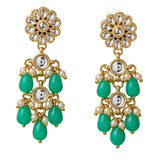 Gold-toned indian floral kundan stone earrings with white stones green teardrop beads and faux pearls for ethnic wear