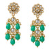 Gold-toned indian floral kundan stone earrings with white stones green teardrop beads and faux pearls for ethnic wear