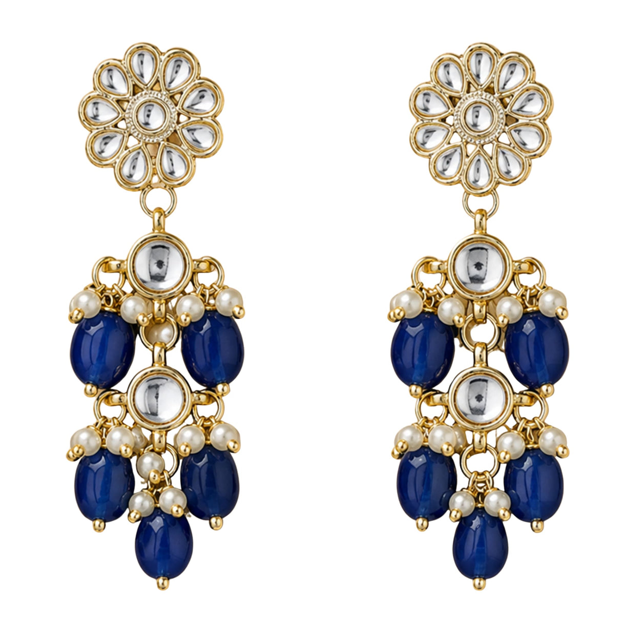 Elegant gold tone Indian floral kundan stone earrings with deep blue beads and faux pearls for Diwali and wedding wear
